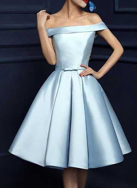 Luolandi Sweetheart A Line Light Blue Satin Off-the-Shoulder Short Prom Dress Lovely Homecoming Dress Cute Party Dress Formal Dress